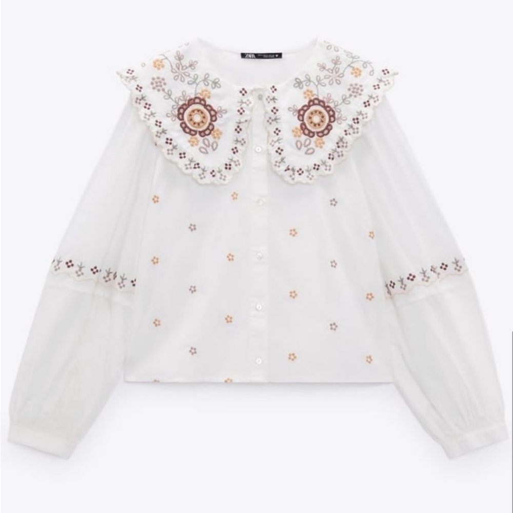 Zara Embroidered Poplin White Blouse with Floral Details size M - Picture 4 of 5